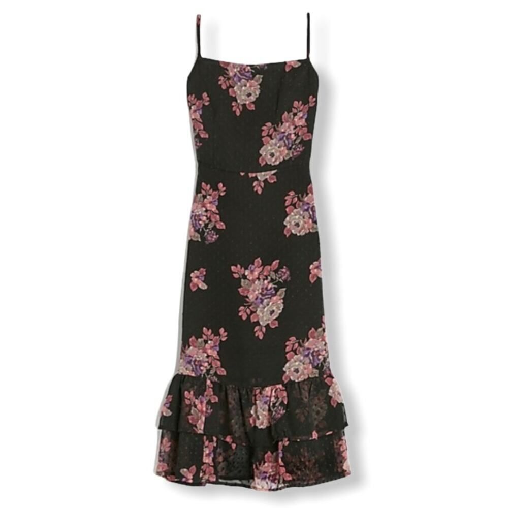 Express Black Floral Clip Dot Tiered Midi Dress - Picture 1 of 12